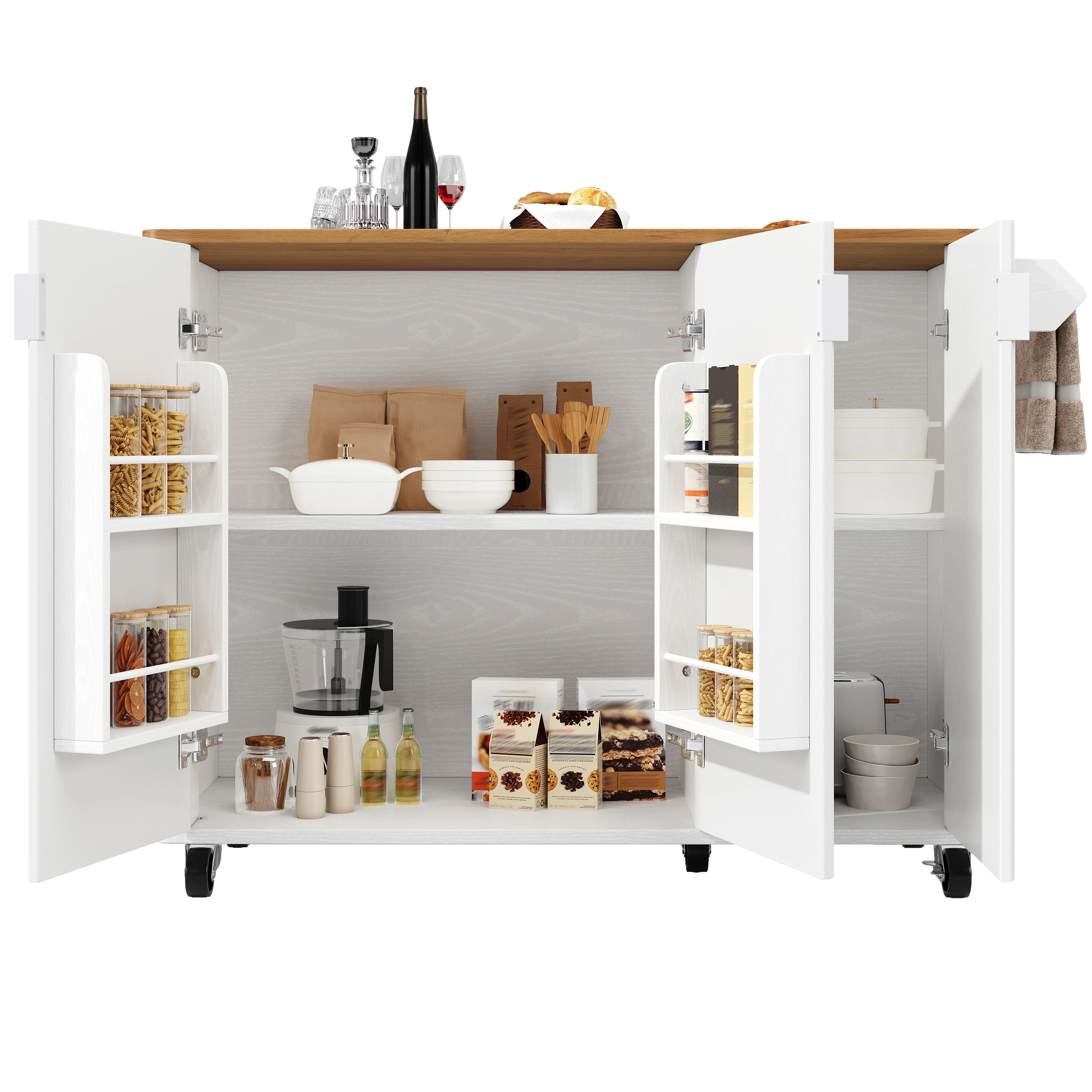 Îlot de cuisine sur roulettes avec finition imitation bois, buffet à 3 portes sur roulettes, table à manger pliable avec porte-serviettes et étagère à épices, étagères réglables, rangement de cuisine mobile pour la maison.