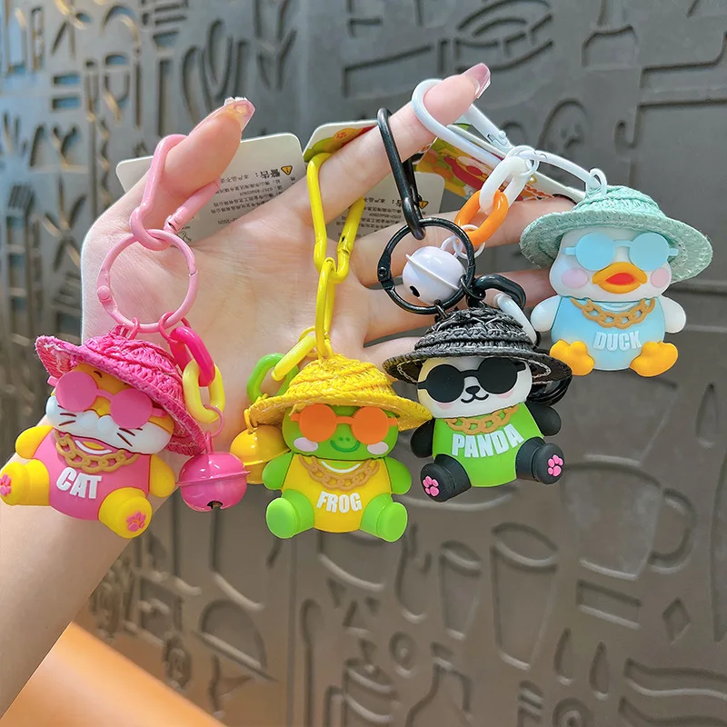 Creative Cute Crazy Zoo Straw Hat Doll Keychain Funny Cartoon Frog Panda Cat Duck Sunglasses Chain Necklace Keyring Bag Pendant