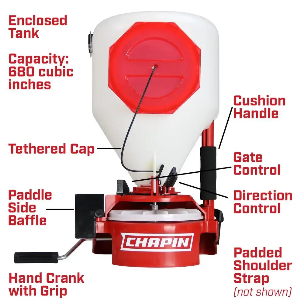 Chest Mount Lawn Spreader 10-Pound Capacity Easy Fill Hopper Poly Hopper Adjustable Strap Spread Control Weather Resistant