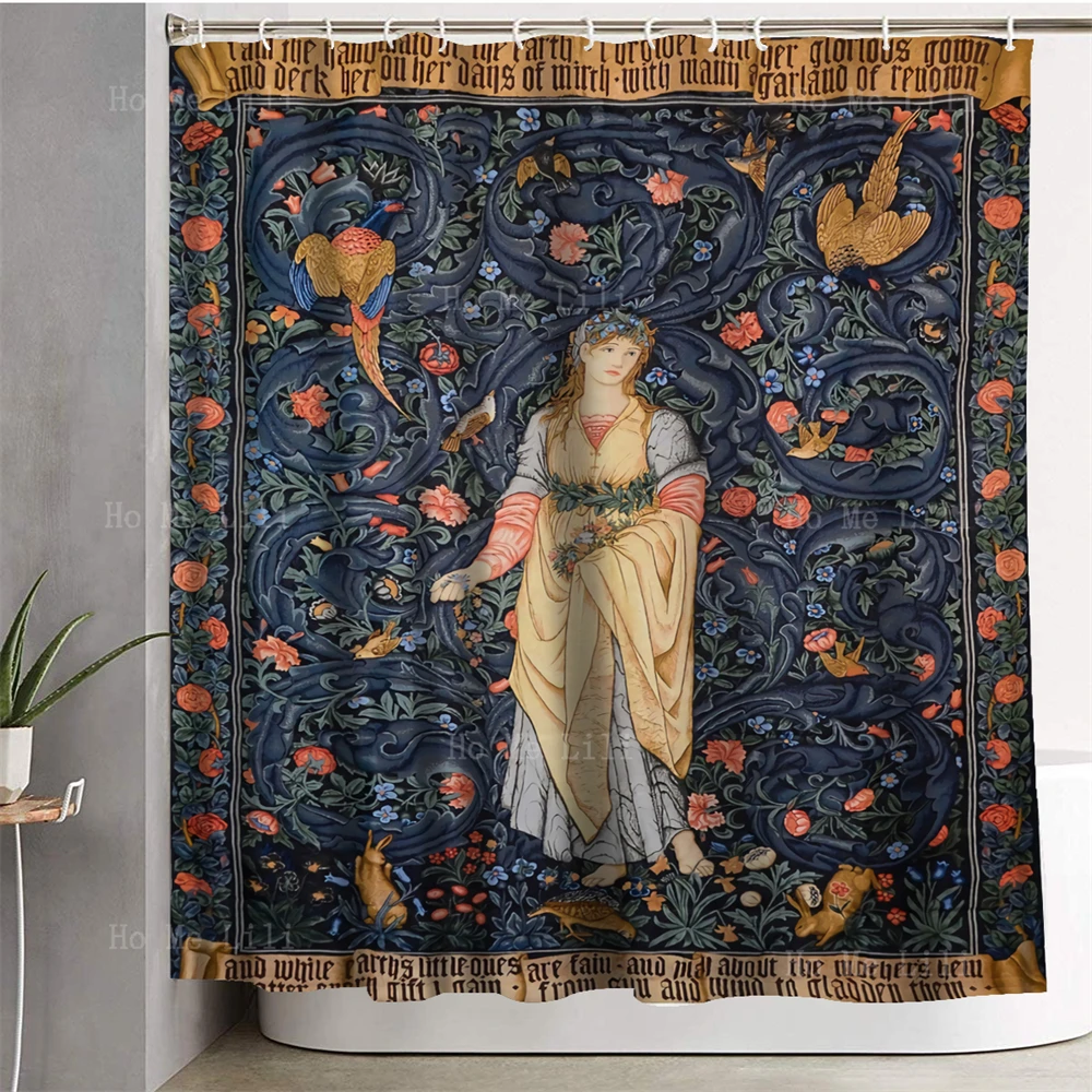 William Morris'S Aesthetics Medieval Art Flower Totem With Girl In The Center And Surrounding Shower Curtain For Bathroom Decor