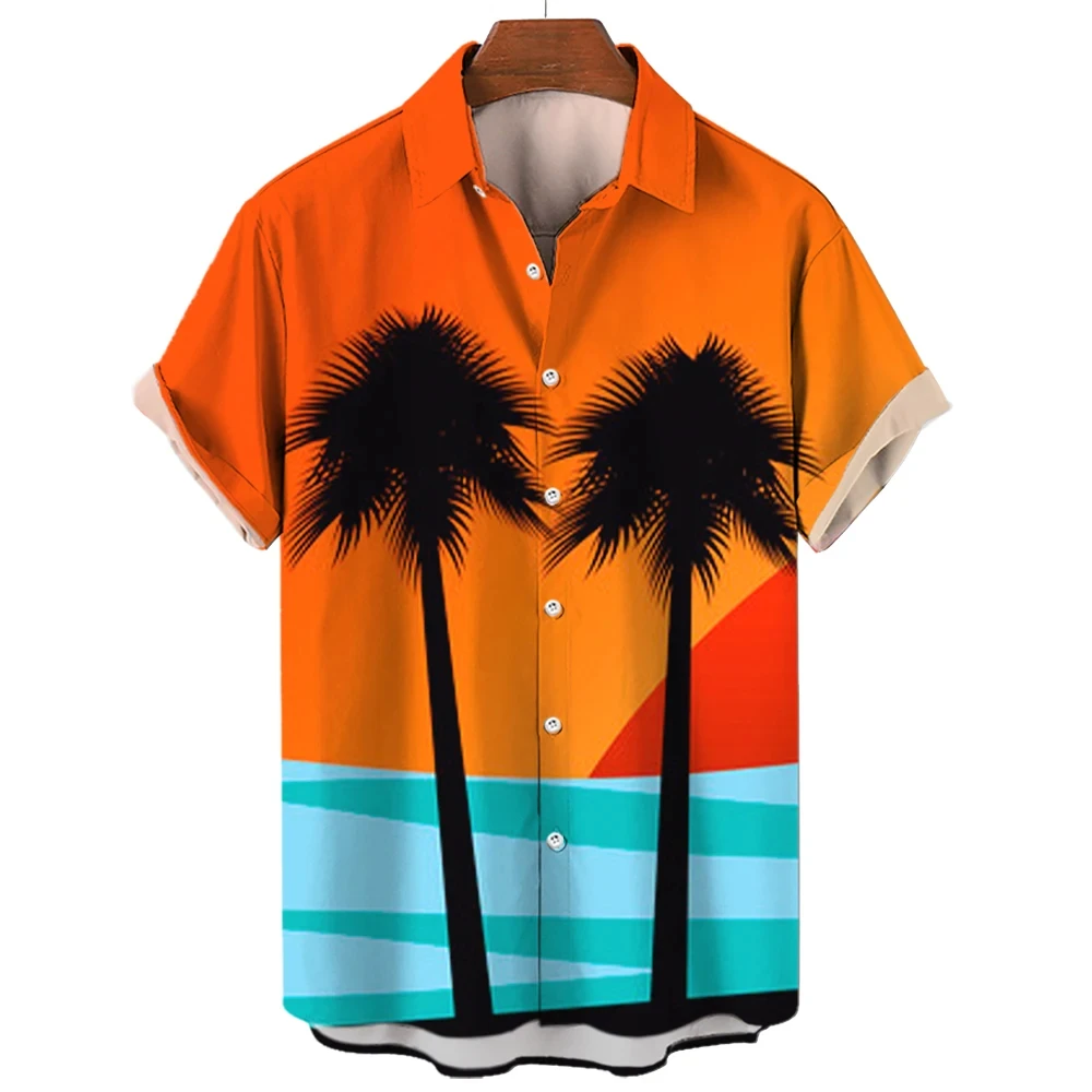 Men's Women's Button Summer Seaside Sunset Palm Tree Print Short Sleeve Shirt Fashion Shirt Short Sleeve Top