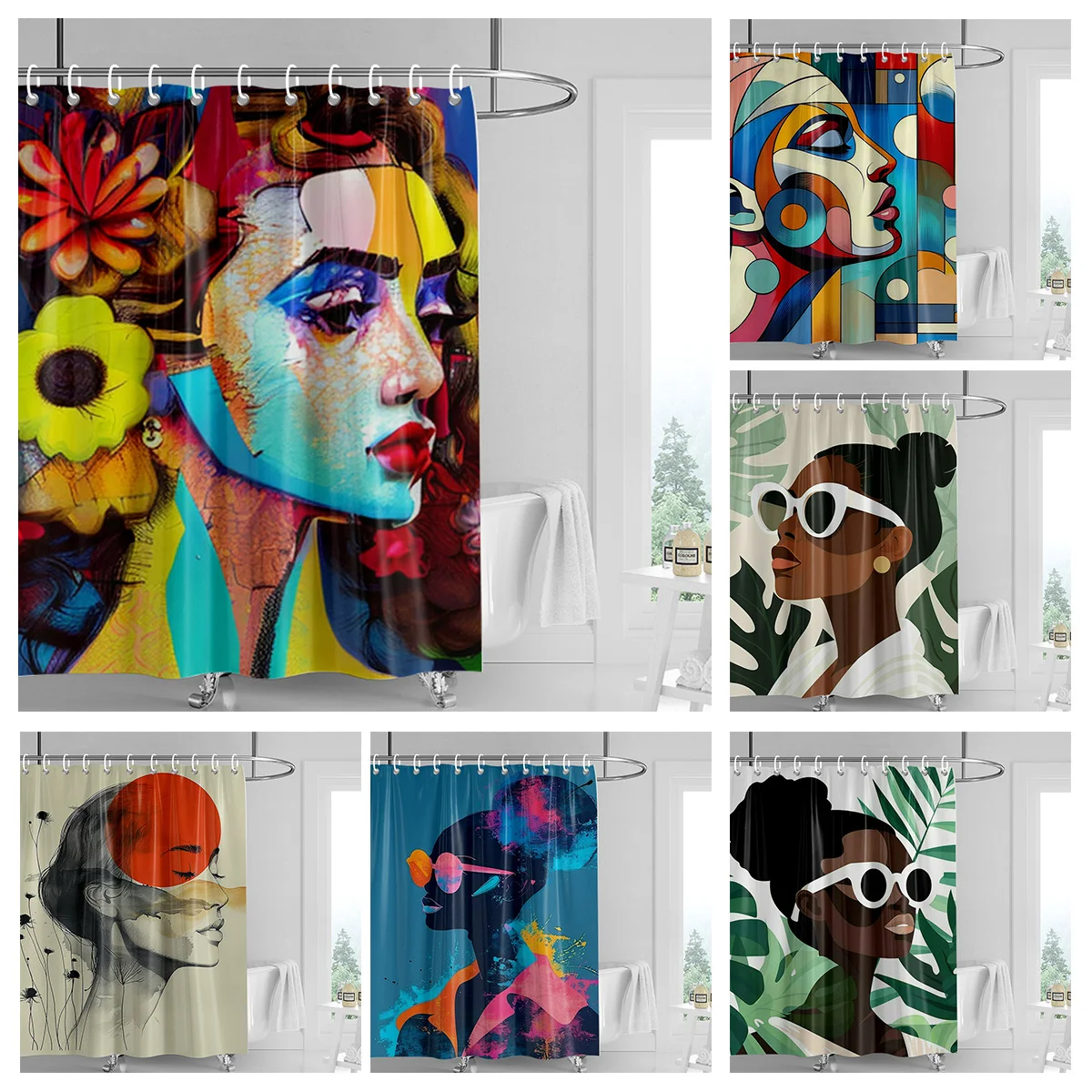 Nordic Simple Style Morandi Shower Curtain Abstract Plant Character Pattern Bathroom Bathtub Dual-Use Shower Curtain