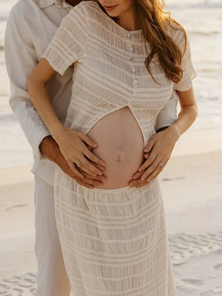 Maternity Photoshoot Outfit Crop Top Skirt Set White Pregnancy Photo Clothes Outdoor Beach Natural Pregnancy Photo Costume view 6