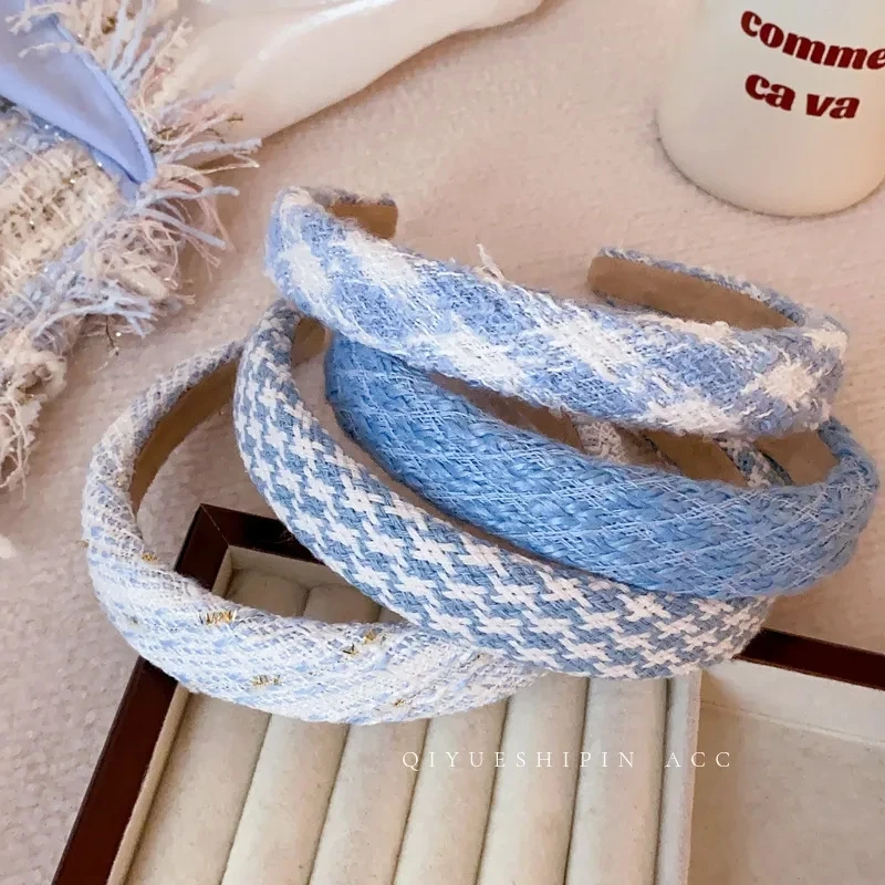 Milk White Gentle Blue Woolen Winter Hair Accessories Girl Headband Boutique Handmade Woven Denim Blue Stripe Women\'s Hair Bands