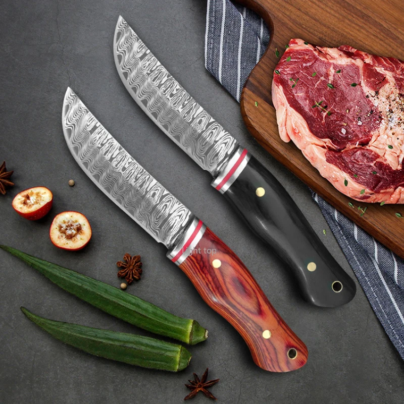 Damascus Boning Knife Meat Cleaver Mongolian Meat Eating Knife Beef Sheep Cutting Fruit Slicing Stainless Steel Kitchen Knife