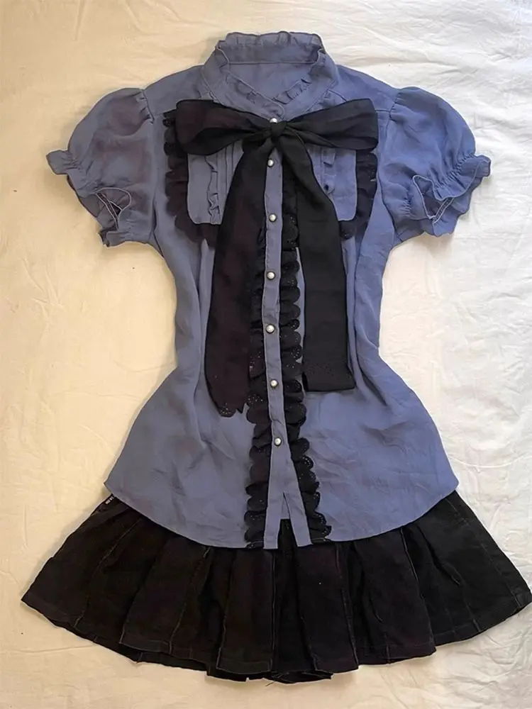 

Vintage Sweet 2 Piece Set Bow Shirts Short Sleeve Casual Tops Y2k Slim Mini Skirt Harajuku Korea 90s Emo Grunge Summer Lolita