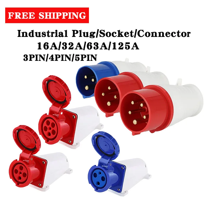 

5/10PCS Industrial Plug Socket Connector 3P/4P/5P 16A/32A/63A/125A Wall Mounted Socket Panle Mounted Socket 220V 380V 415V