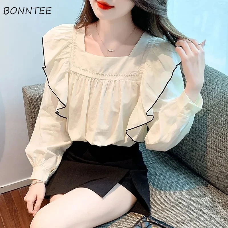 Long Sleeve Shirts Women Ruffles Autumn Sweet All-match Square Collar Loose Solid Pleated Streetwear Skin-friendly Comfortable