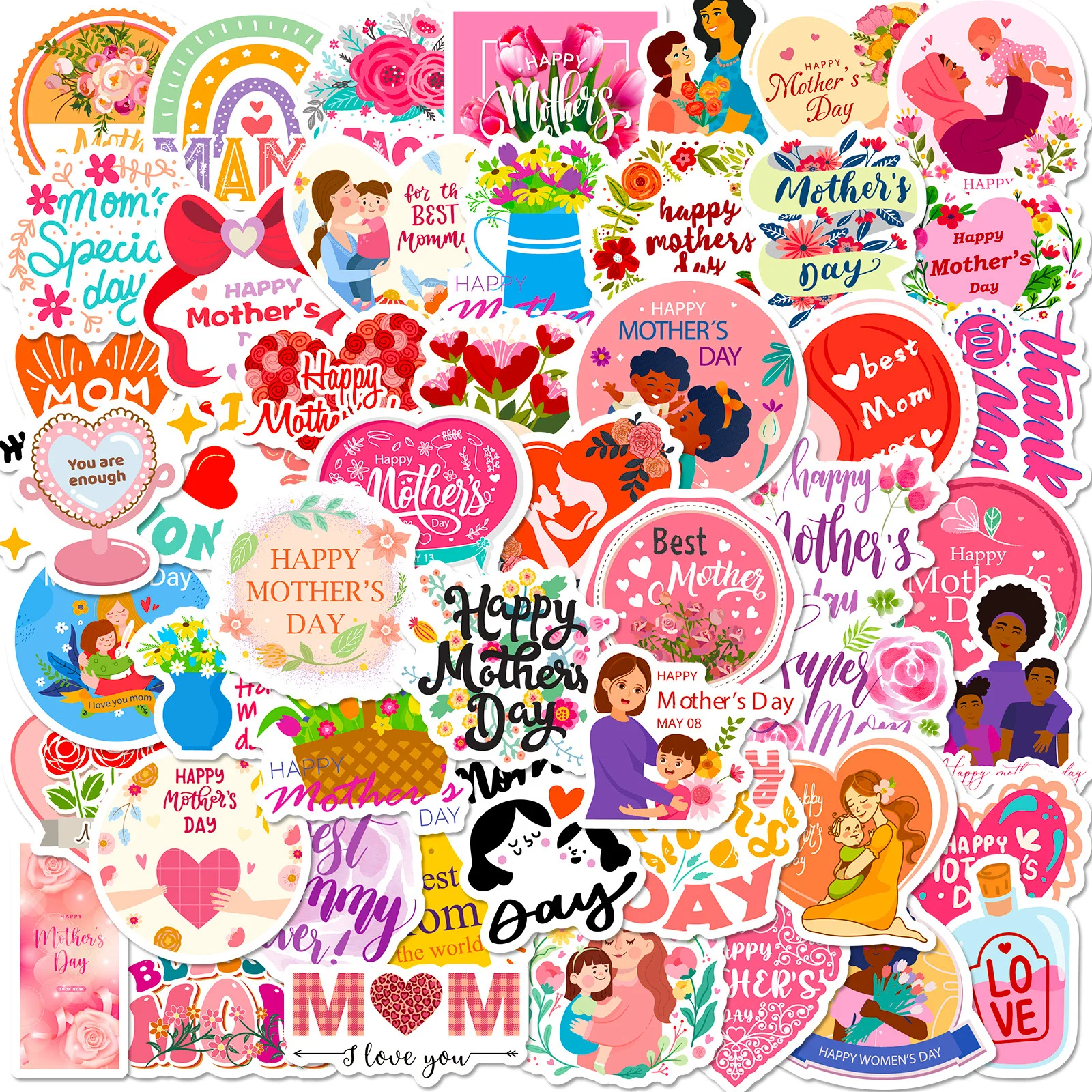 50PCS I LOVE YOU MOM Stickers Happy Mother's Day Mom Flowers Bouquet Baking Cake Tags Stickers