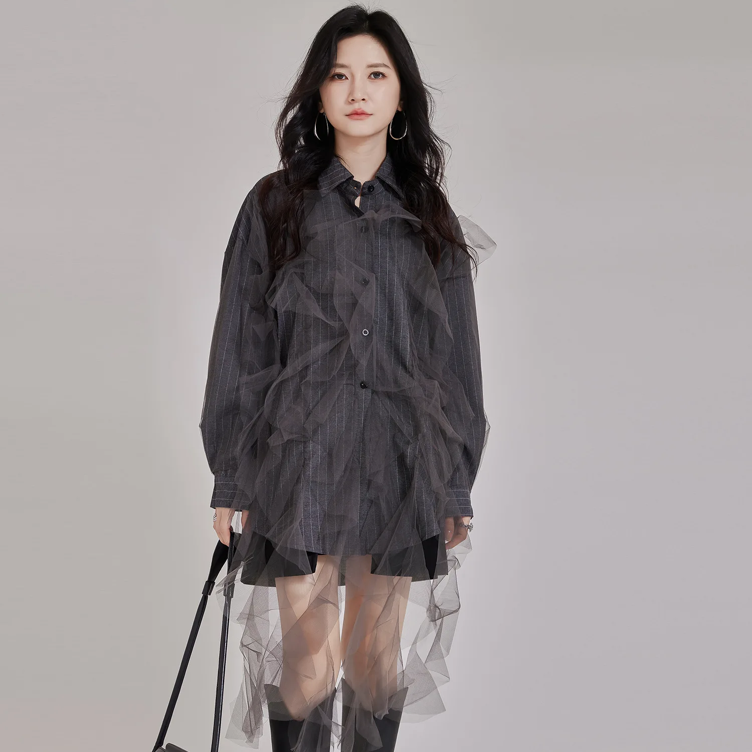 

Шикарные женские полосатые рубашки и блузки средней длины, свободные сетчатые швы, повседневный модный топ для женщин