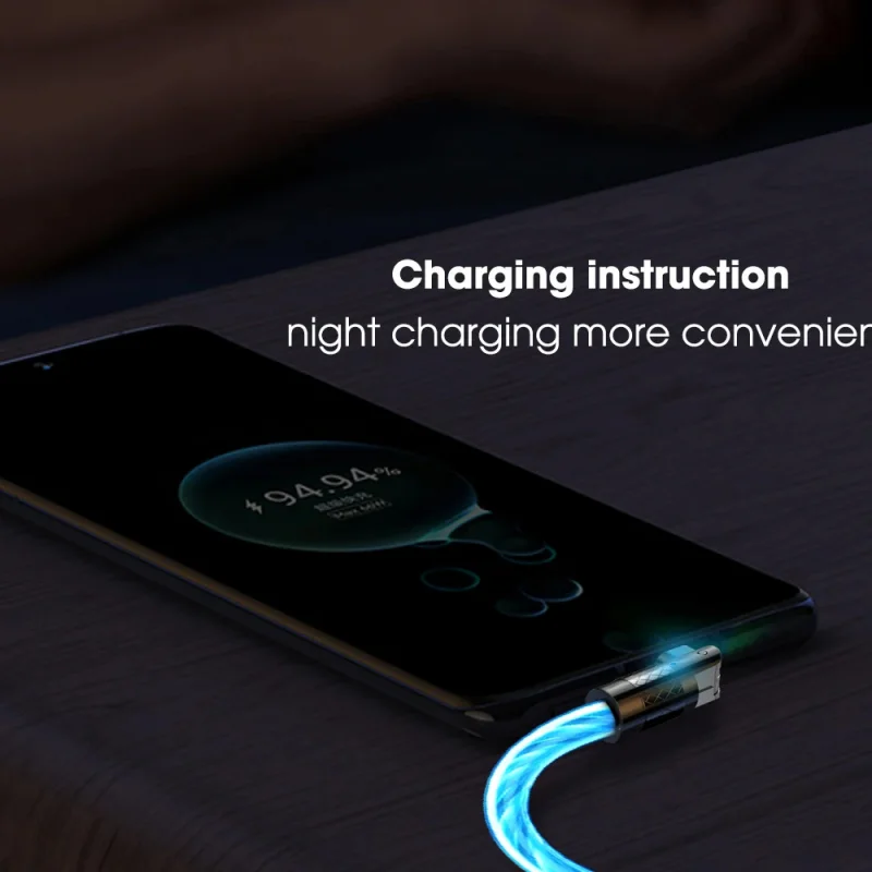 6A Glowing Cable Micro USB Type C Cable Fast Charging For Huawei Xiaomi LED light Charger Flowing Streamer USB C Cord Rotation