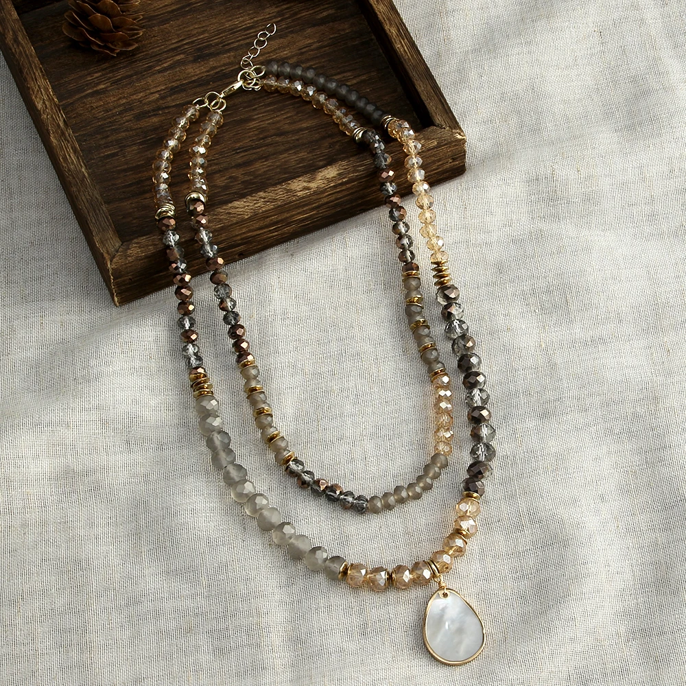 Western Style Bohemian Women Jewelry 2 layer crystal glass knotted stone drop charm short neckalce