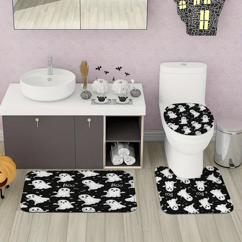 

Набор занавесок для душа на Хэллоуин, 1/4 шт., милый дизайн Ghost Boo, черный водонепроницаемый полиэстер, моющийся с 12 крючками, нескользящая ванна Ma