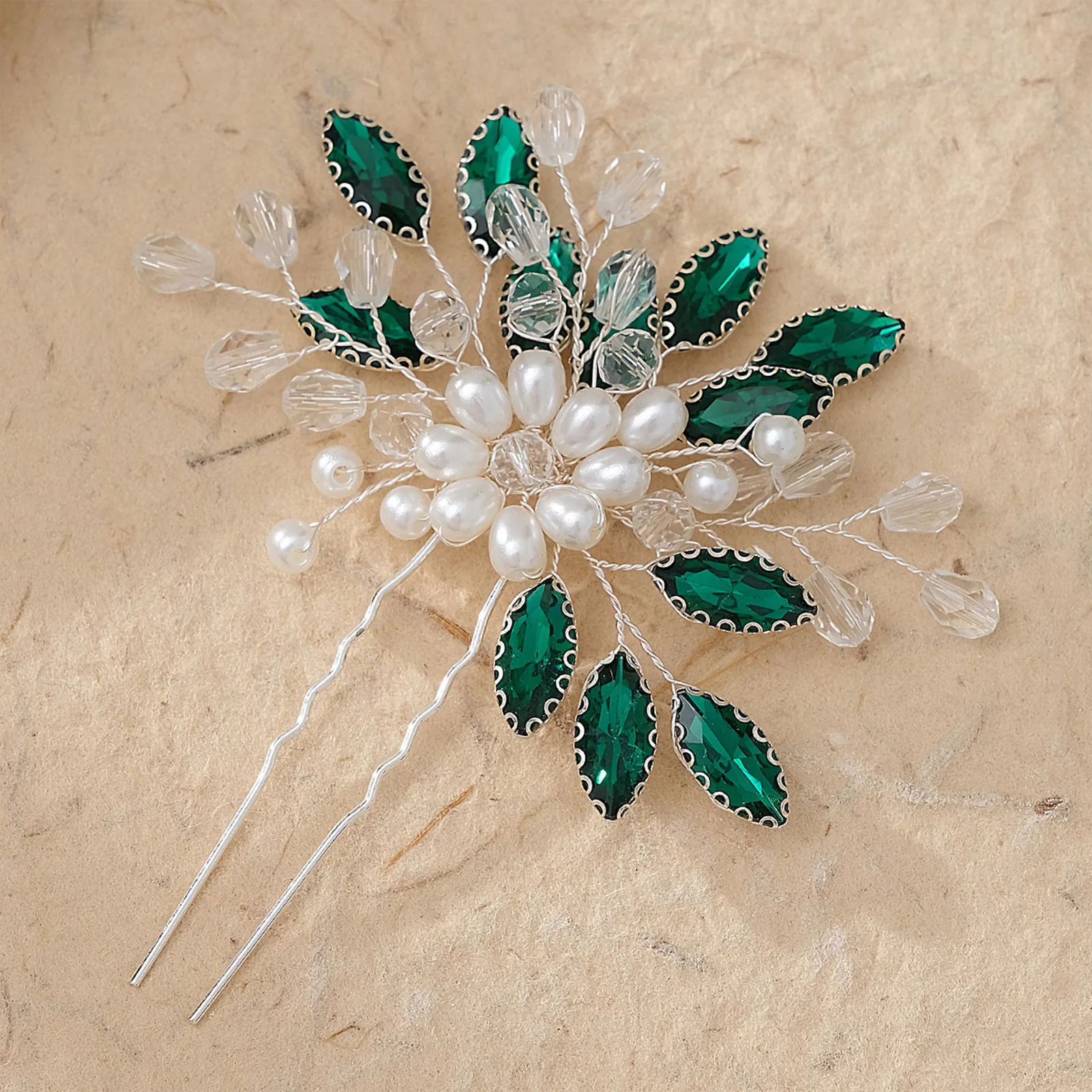 Green Horse Eyes Rhinestone Hairpin U Shape Barrette Hair Accessories for Banquet Wedding Gown Hair Clips