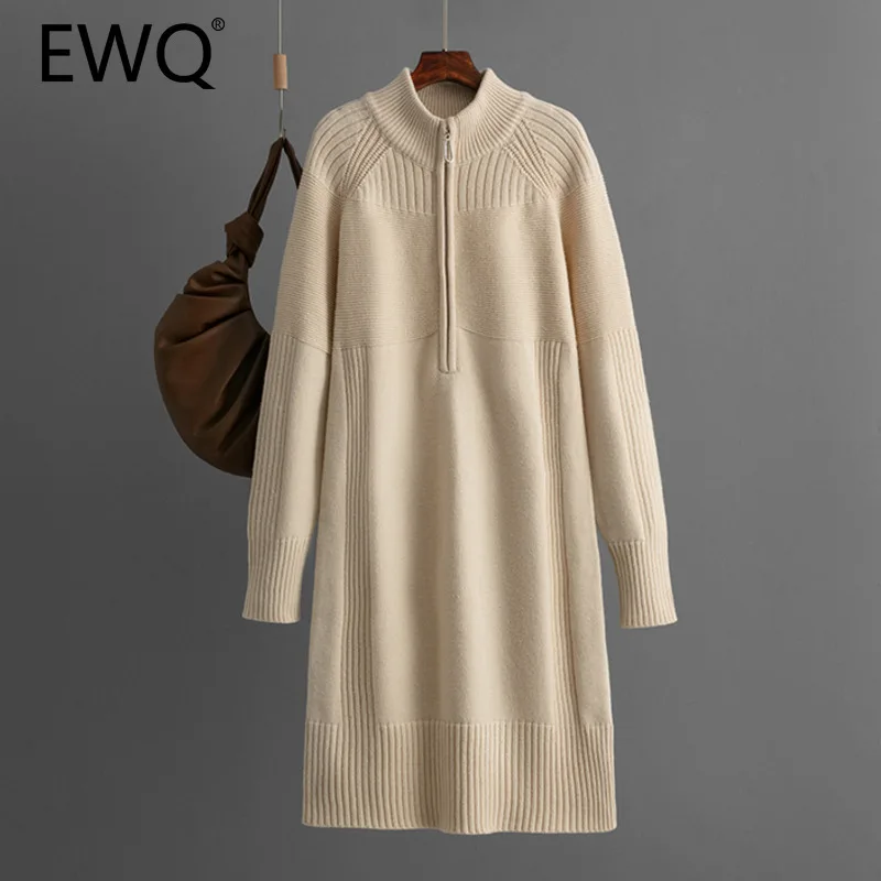 EWQ Casual Solid Colors Long Sleeve Knit Dress Loose Thicken Keep Warm Simple Women Sweater Dresses 2024 Winter New Tide 27X2030