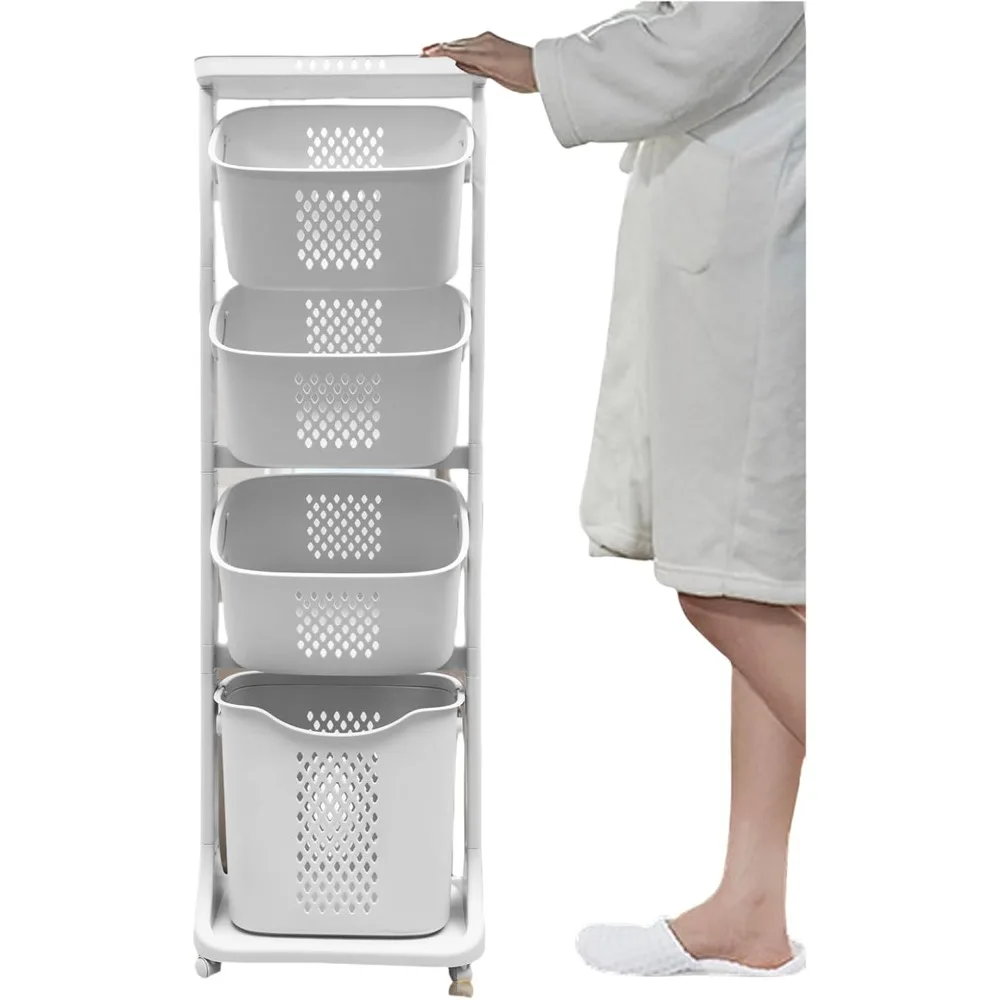 

4-Tier Laundry Hamper Sorter, Laundry Storage Organizer with Wheels Removable Rolling Laundry Baskets, Bathroom Cart for Dirty C