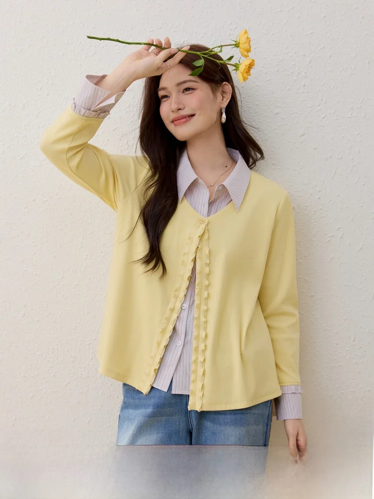 

Вязаный свитер Ele с воротником, большие размеры, женская модная весенняя одежда, новинка, стильный повседневный крой, приталенный, с длинными рукавами