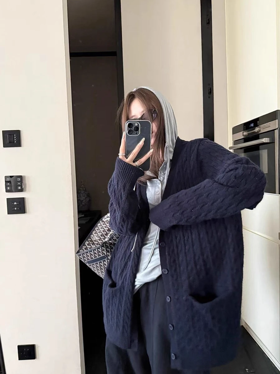 ルーズニットツイストセーターコート レディース 秋冬 ミディアム丈 Vネック ロングスリーブ ソフトで快適なカジュアルアウター