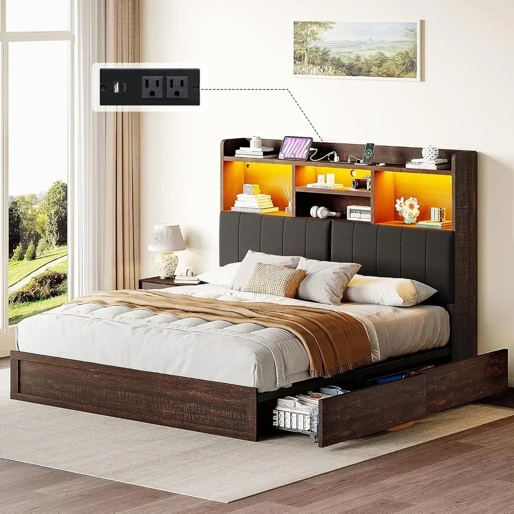 책장과 충전 스테이션이 포함된 퀸 침대 프레임 이미지
