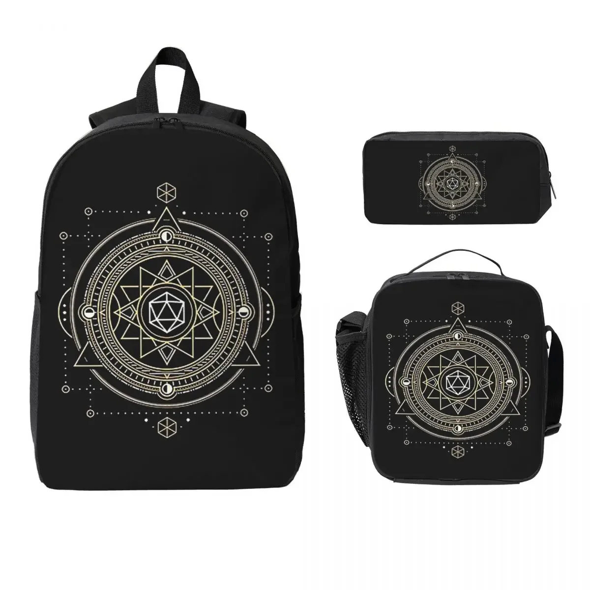 Polyhedral D20 Dice Sacred Symbol Of The Occulti Backpack BookBag School Bag Shoulder Bags 3ps Insulated Lunch Bag Pencil Case