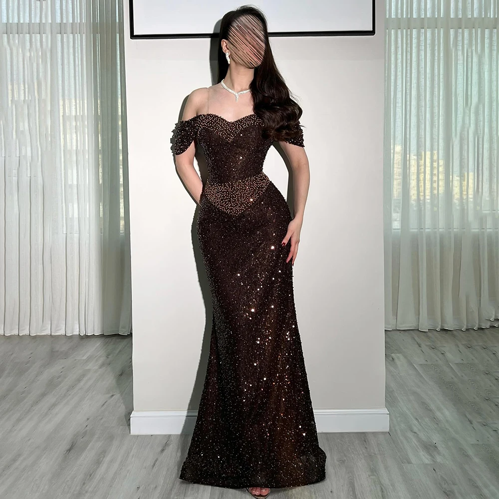 Op maat gemaakte luxe off-shoulder pailletten glanzende bruids avondjurk schede maxi lengte backless kralen parels prom feestjurk