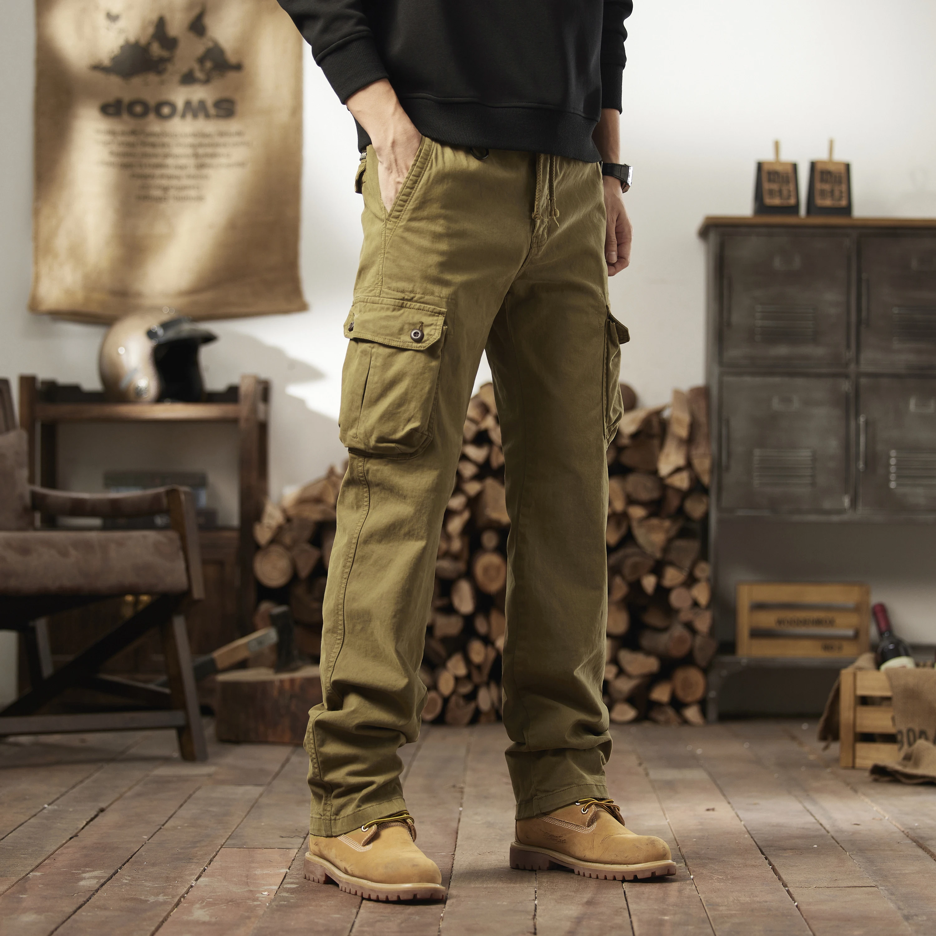 

Ретро-американские рабочие брюки для мужчин, утепленные, осенне-зимние, новые, с поясом, прямые, повседневные, с множеством карманов, модный бренд