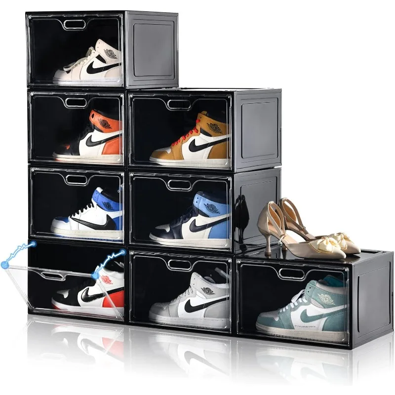 8 Pack Shoe Boxes Black Plastic Stackable, Large Shoe Storage Organizer,Drop Side Front Shoe Containers for Entryway,Sneaker