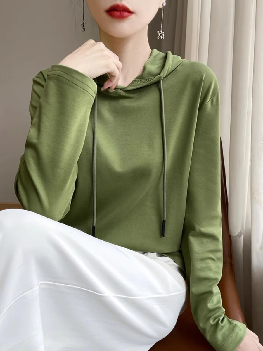 

Новая женская толстовка-худи из чистого хлопка для ранней весны, длинный рукав, из чесаного хлопка, свободный крой, большие размеры, цветная, для активного отдыха, футболка