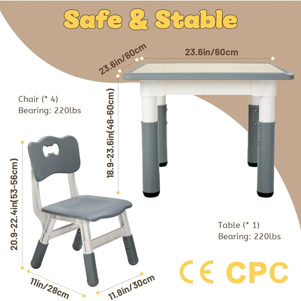 Altura ajustável Criança Mesa e cadeira Set, fácil de limpar Artes e Ofícios Mesa, salas de aula, idades 3-8, 4 cadeiras