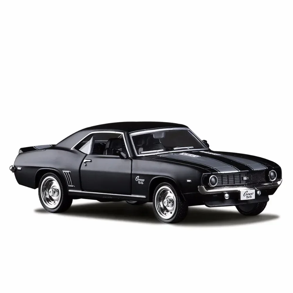 1:36 Chevrolet USA 1969 Camaro SS Vintage Matte Black Diecast Metal Car Model Toy For Collection Gift Kids