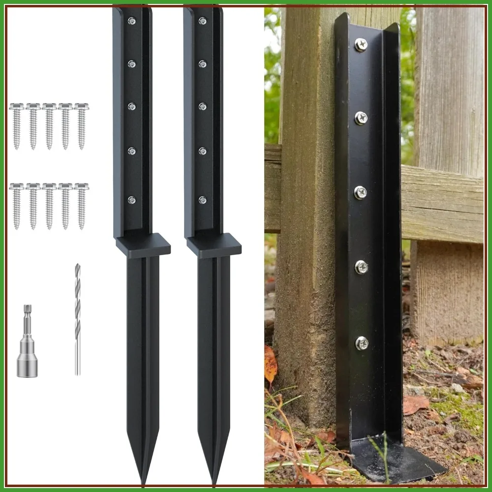 

Fence Post Repair Kit 2-Pack, 32in Heavy Duty Metal Ground Stakes for Tilted Wooden Fence, Black