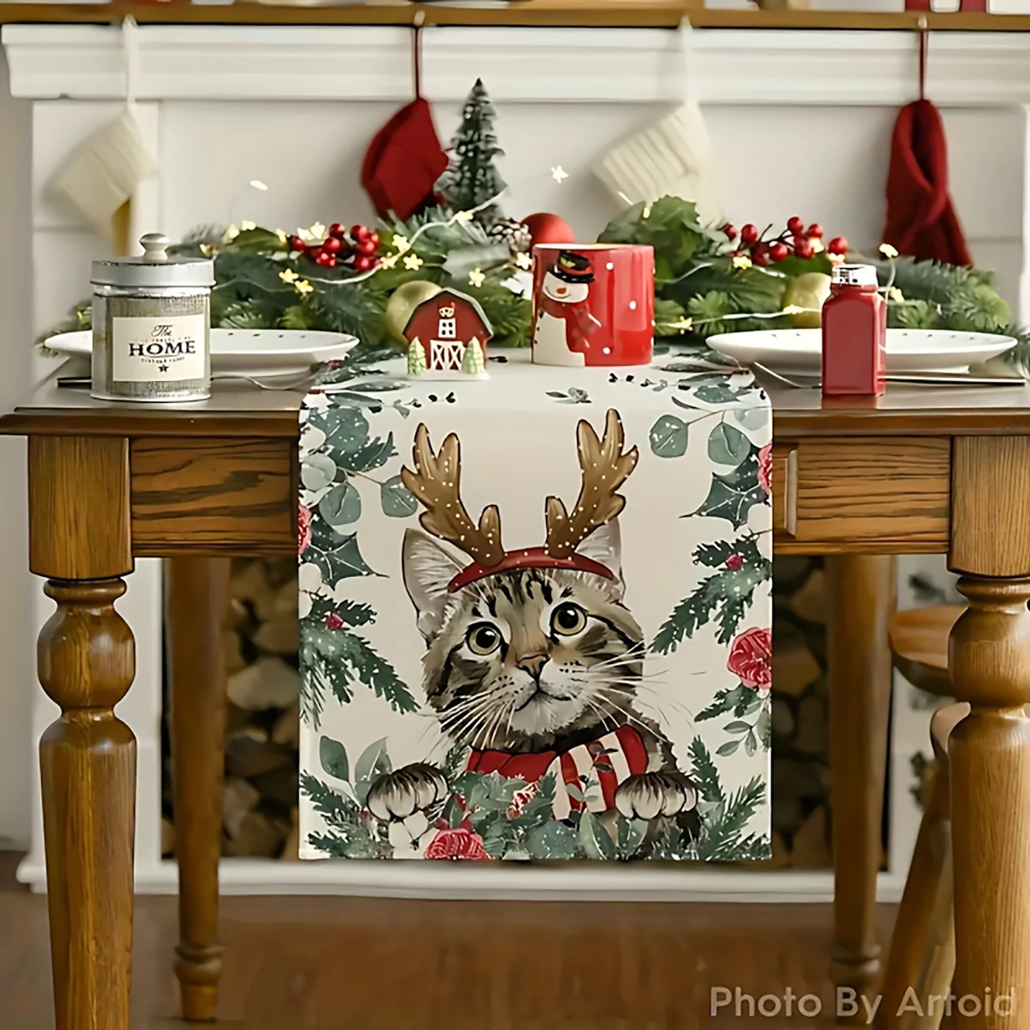 Christmas Cat Table Runner  for Kitchen Dining Decor, Farmhouse Party, Seasonal Winter Holiday Home Decoration