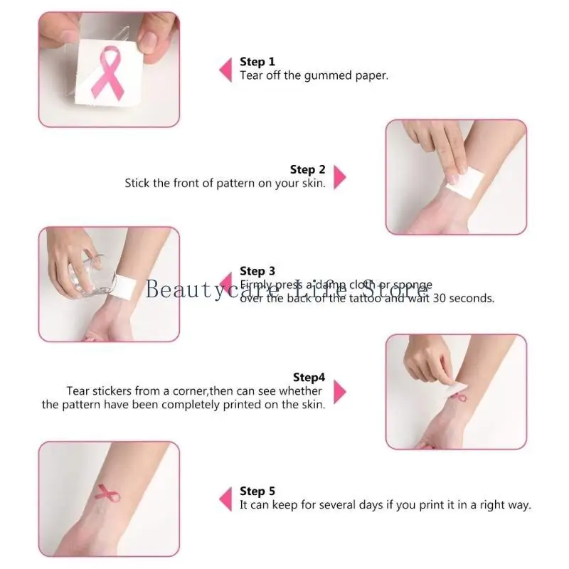 652C 10 Sheets Ribbon Tattooed Stickers Breast Cancers Awareness Stickers Temporary Cancers Support Tattooed for Girls Women