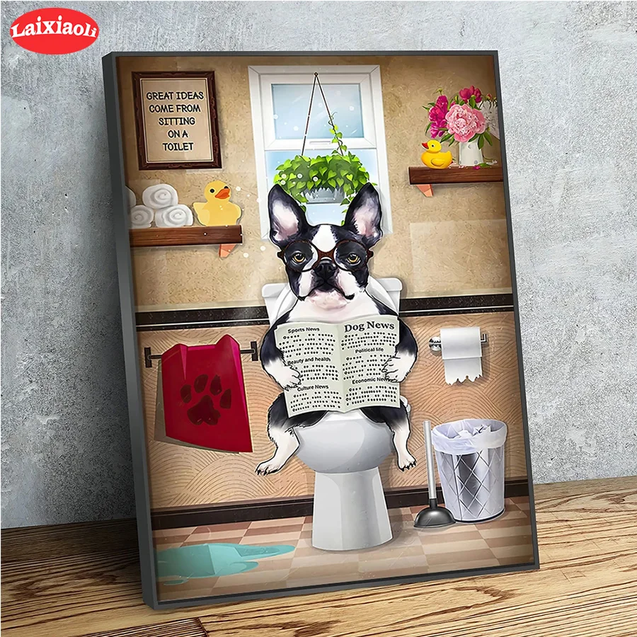 DIY Diamond Boston Terriers Toilet Dog Reading Newspaper Diamond Painting Full Square Mosaic Cross Stitch Handmade Gift