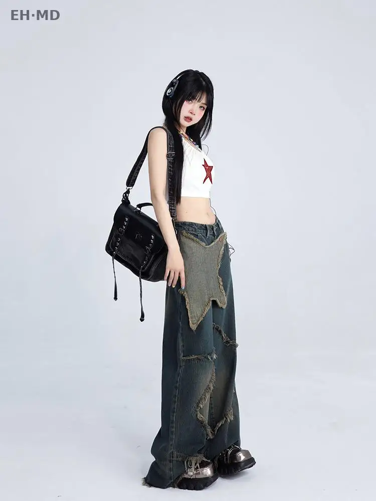 Women Jeans Casual Fashion Patchwork Contrast Color Aesthetic Denim Pants For Ladies High Waisted Wide Leg Raw Edge Embroidered