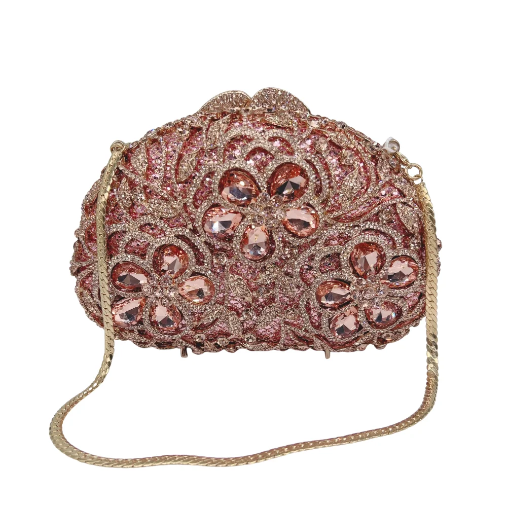 Women's Luxury Oval Floral Rhinestone Clutch Bag Pink Crystal Hollow out Hardcase Diamond Wedding Party Crossbody Handbag - view 3
