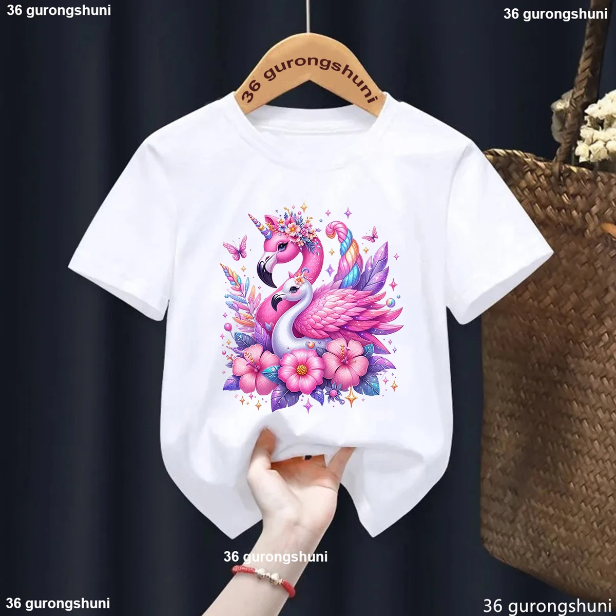 

Kawaii Girl T-Shirt Funny Flamingo Print Kids Tshirt Fashion Trend Girl Clothing Summer Short Sleeved Baby Tshirt Tops Wholesale