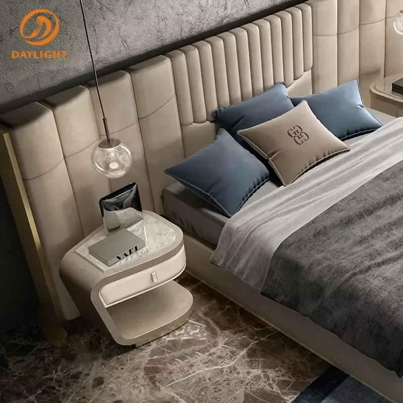 Modern Bedroom Furniture Set Vertical Tufted Upholstered Bed Curved Nightstand Bench Luxury Home Decor Suite