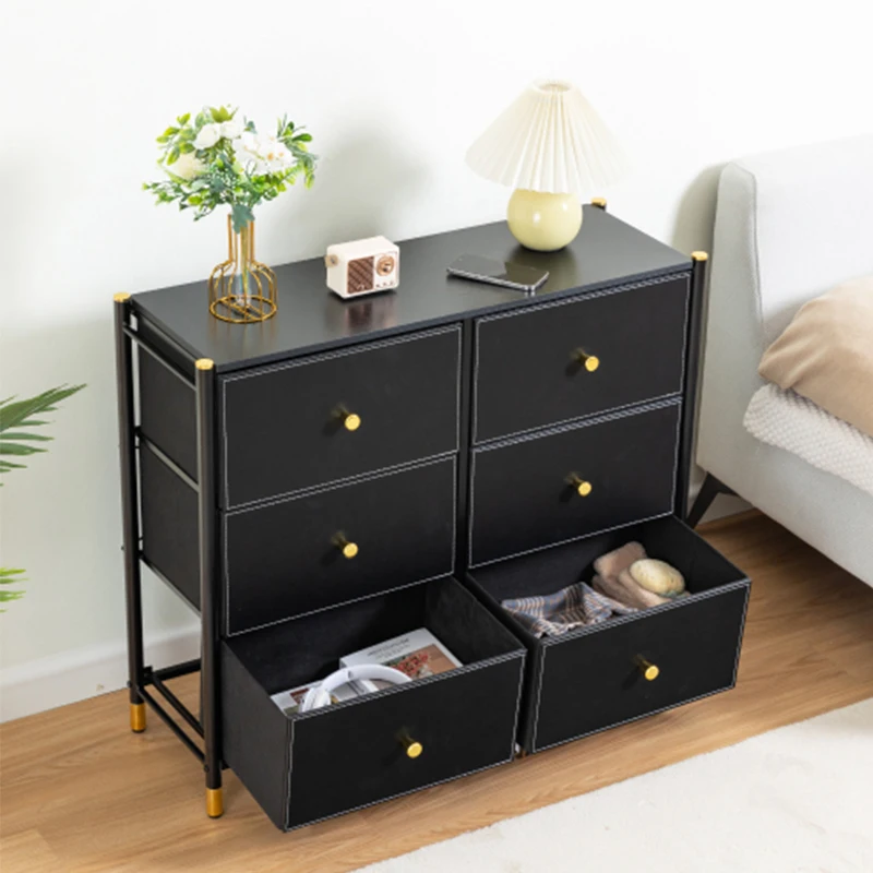 Drawer Dresser,Tall Dresser with 6 PU Leather Front Drawers, Storage Tower with Fabric Bins, Double Dresser, Black