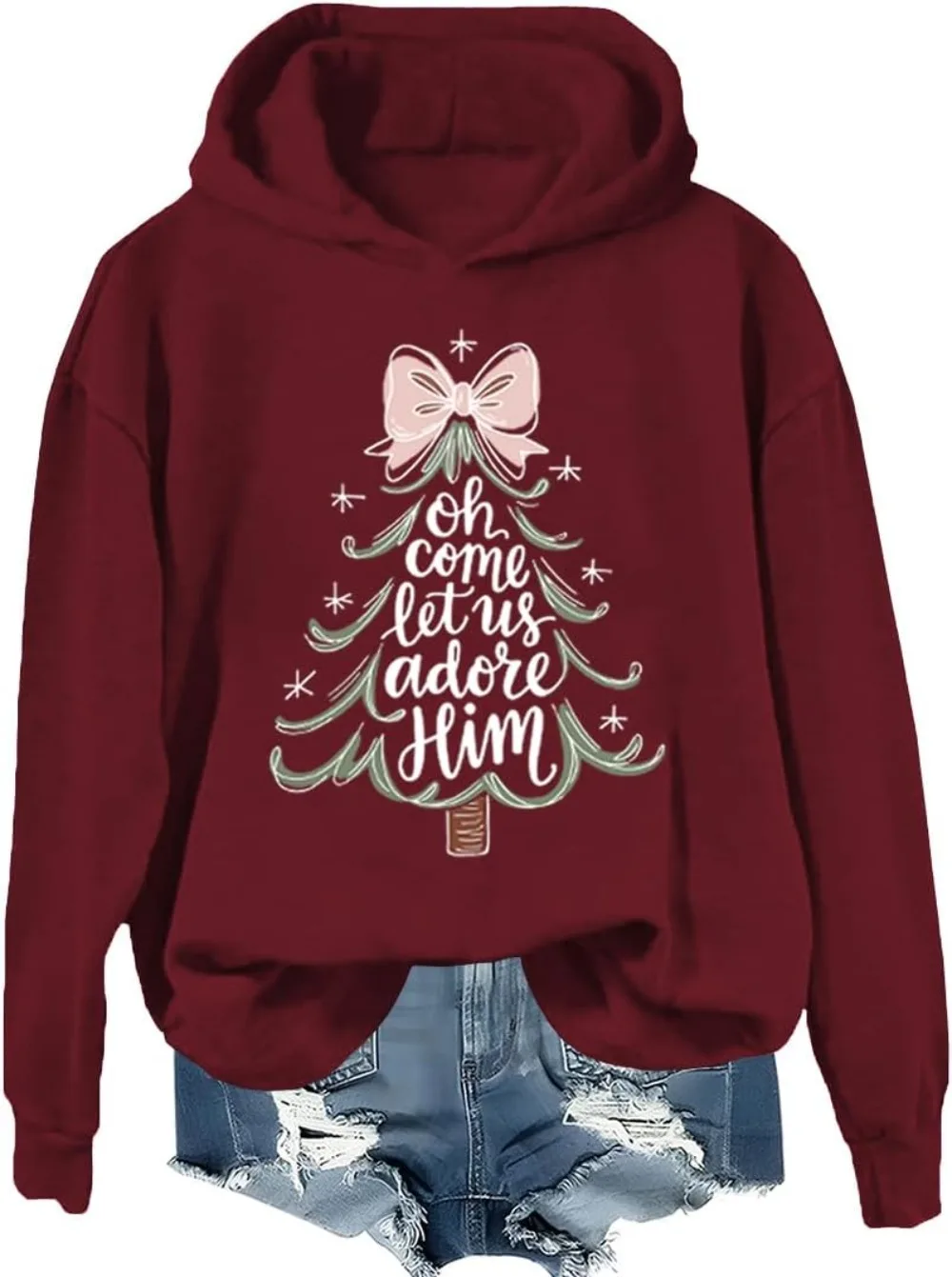 سويت شيرت Oh Come Let Us Adore Him، سويت شيرت لطيف على شكل شجرة عيد الميلاد للنساء #2