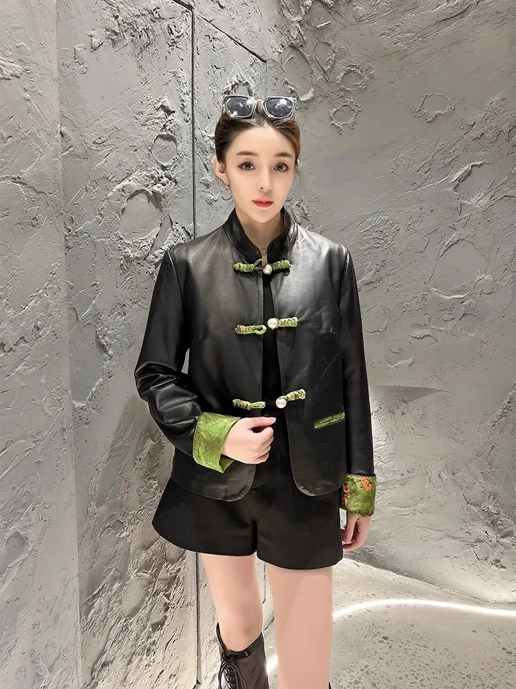 

2023Spring Stand Collar Chinese Style Women Genuine Leather Jacket Long Sleeve Casual Patchwork Retro Printed Sheepskin Short Co