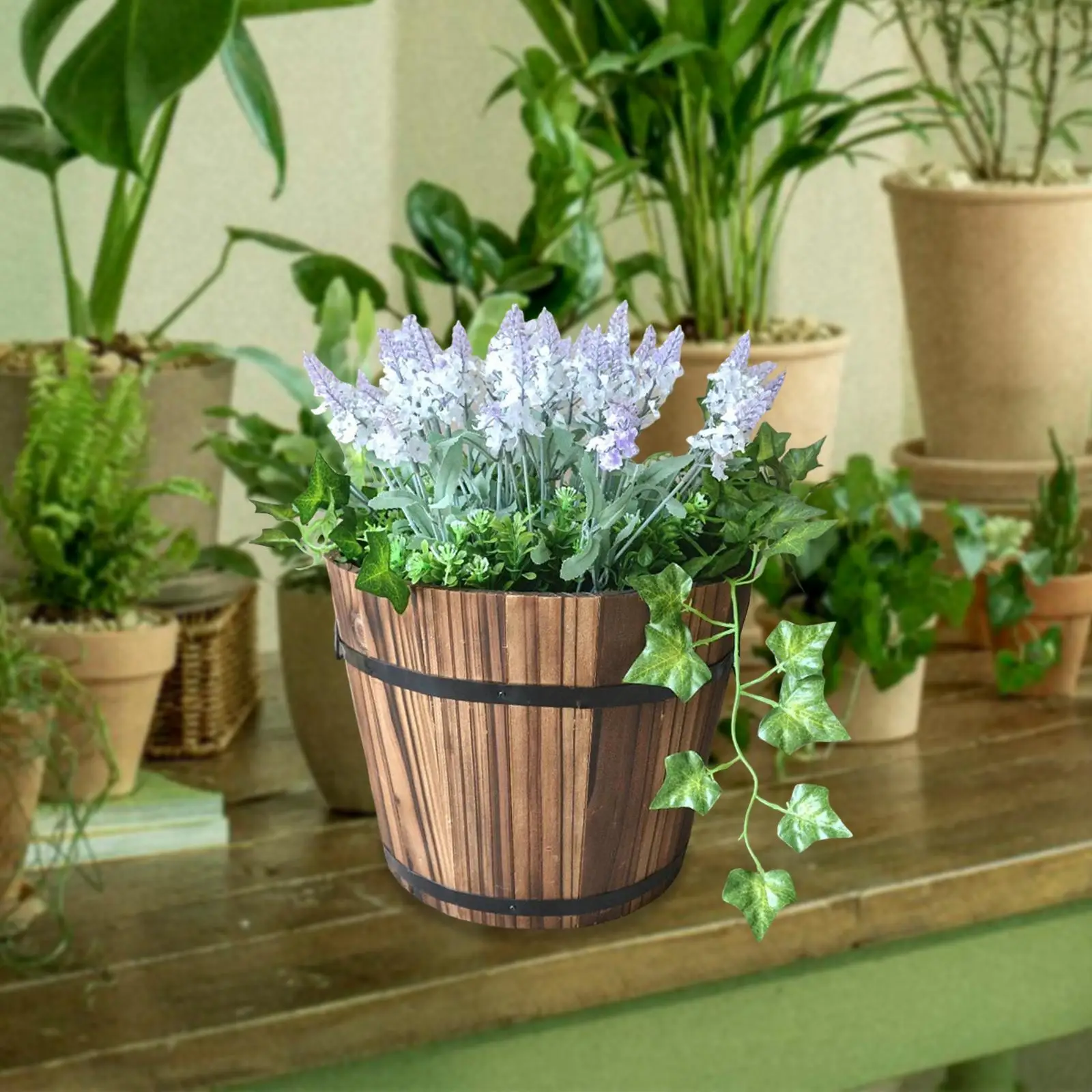 Planter Decorative Artwork Crafts Versatile Ornament Flower Bucket Wooden Flower Pot for Balcony Garden Indoor Kitchen Decor