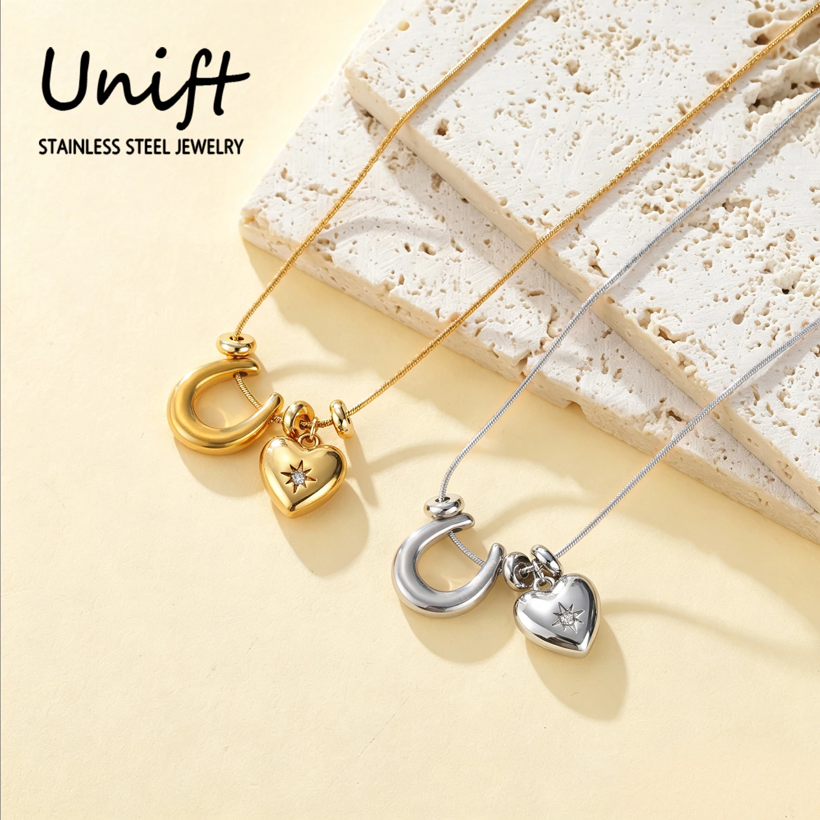 Unift Fashion U-Shaped Pendant Necklaces Stainless Steel Heart Choker for Women Gold Plated Multi Charm Jewelry Gift Wholesale