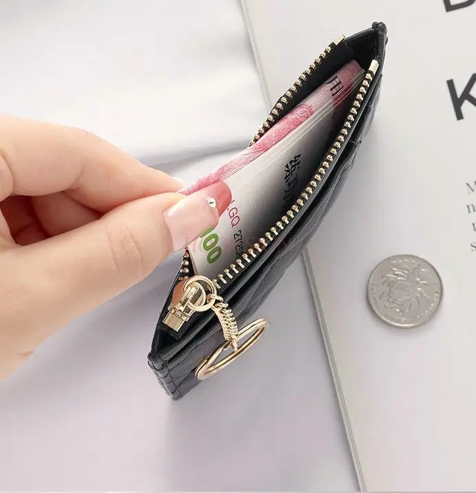 1pcs Soft sheepskin short wallet, small fragrance style diamond grid ultra-thin leather zipper mini change bag for women