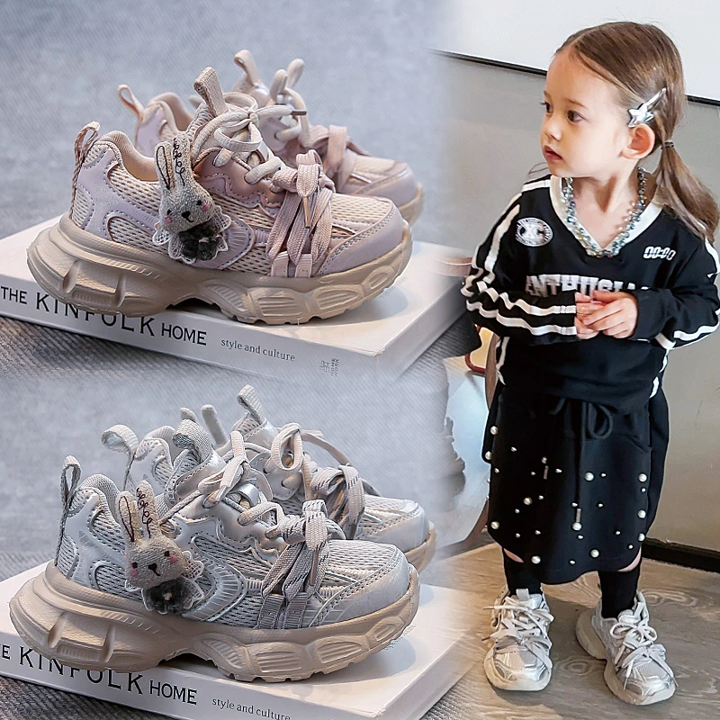 

Girls Sneakers with Cute Rabbit Sweet for Kids Running Shoes Mesh Breathable 2025 Autumn New Children Sports Shoes Soft Bottom