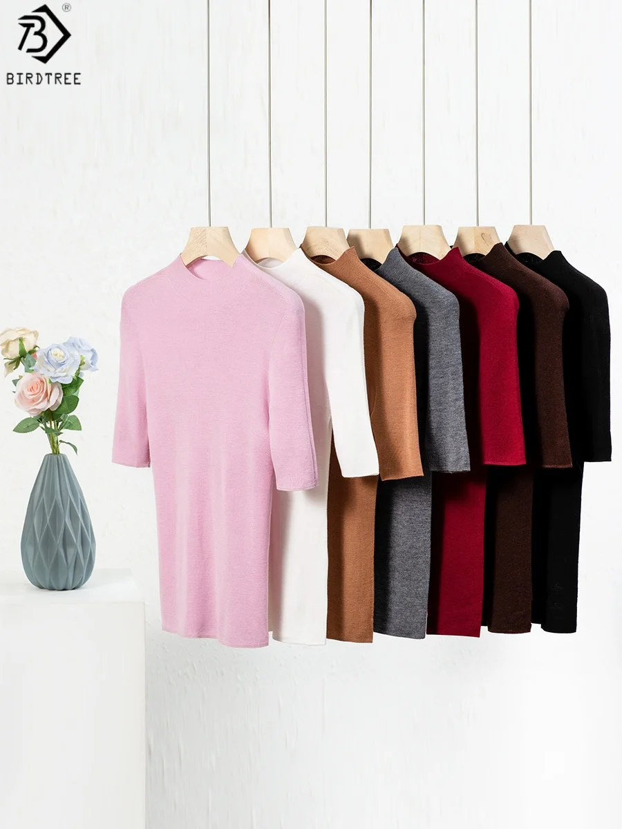

Birdtree Элегантный базовый свитер из 100% овечьей шерсти, женские 18-игольные камвольные бесшовные однотонные топы с короткими рукавами и полувысоким воротником T58209JF