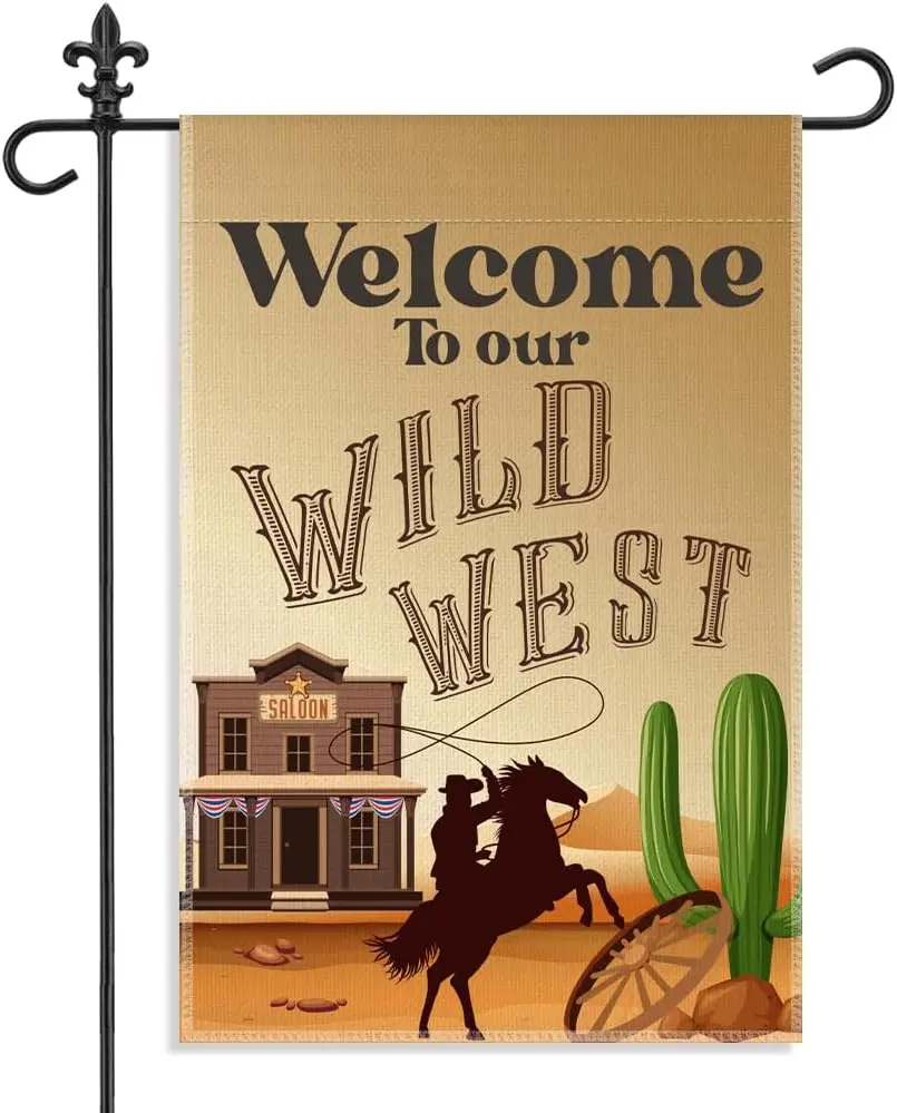 Welcome To Our Wild West Garden Flag, 12 x 18 Inch Double Cowboy Western Yard Flag Gifts for Men Ranch Owner Country Lover, jjp
