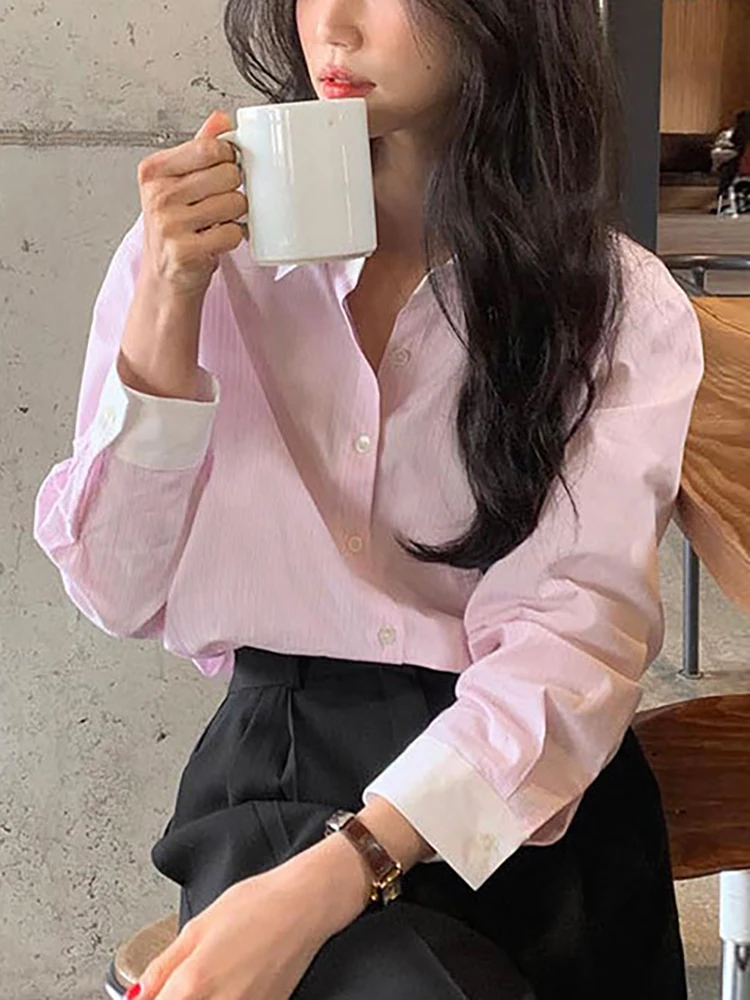 Striped Shirt Women Contrast Color Casual Blouse Female Lapel Long Sleeve Chic Shirts Ladies Fashion Loose Office Shirt Spring