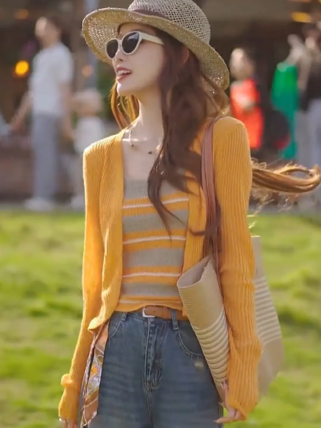 

Orange Striped Knitted Cardigan And Vest Set Women's Summer Bright Dopaamine Sun Protection Fashionable Two-Piece Suit