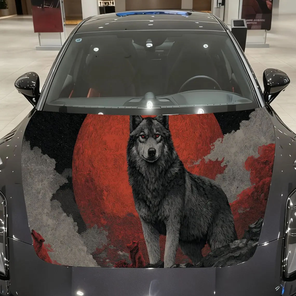 

Artistic Red Moon Wolf Car Hood Wrap, Wildlife Inspired Car Hood Decal, Car Exterior Accessory, Waterproof and Self-adhesive Aut